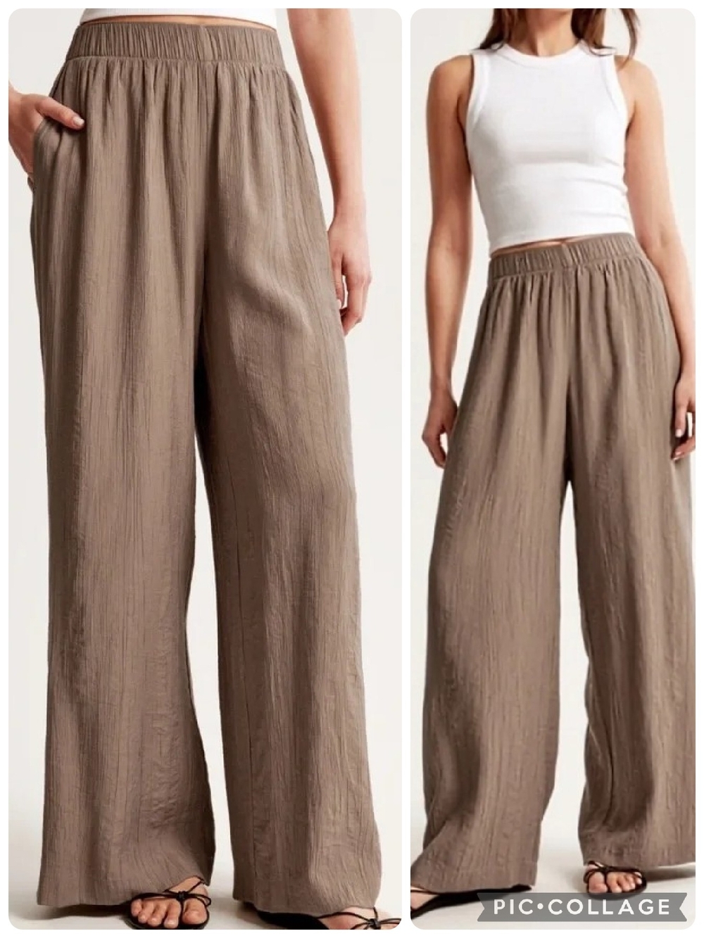 Abercrombie & Fitch Tan Wide Leg Pull On Crinkle Textured Flowy Pants Size M